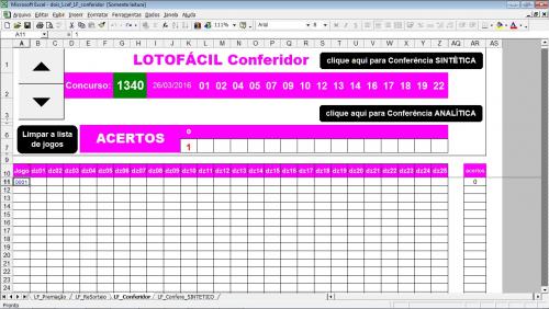 Planilha para conferência de jogos da LOTOFÁCIL