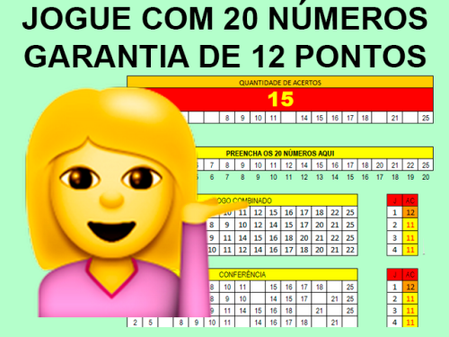 Esquema lotofácil com escolhendo 20 números garantia 1 cartão com 12 pontos