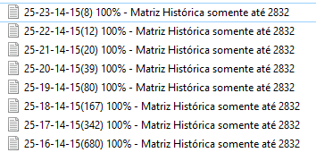 More information about "Matrizes Históricas de  16,17,18,19,20,21,22,23 dzs 100% 14 acertos em todos os concursos até 2832."