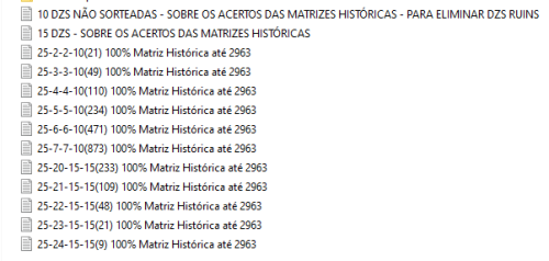 Matrizes Históricas Acertos de 15 Pontos e exclusão de dzs.