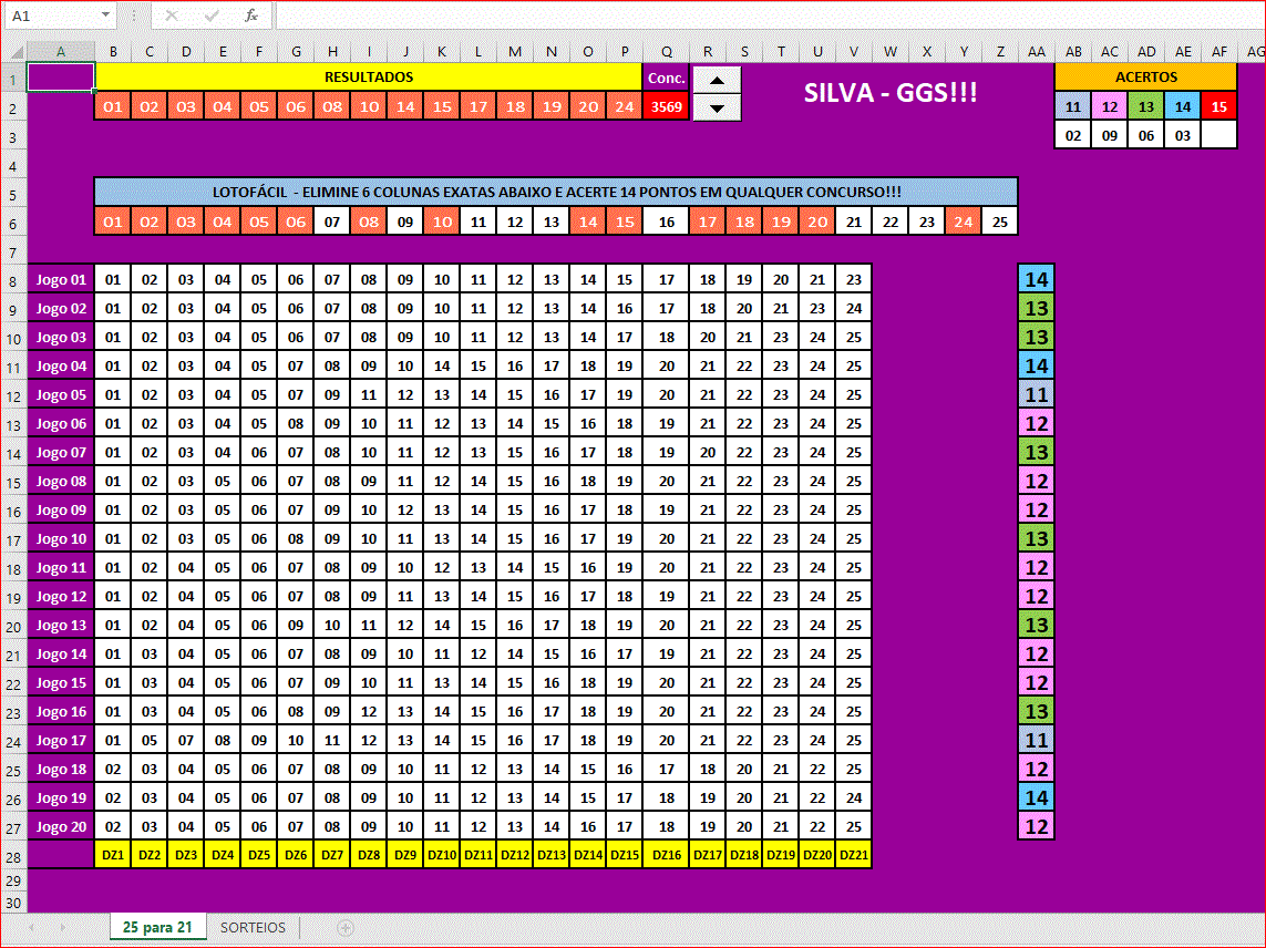 More information about "Lotofácil - Matriz 25-21-14-15(20) Erre 6 Colunas Exatas e Acerte 14 e ou 15 Pontos - Até 3569. Versão"