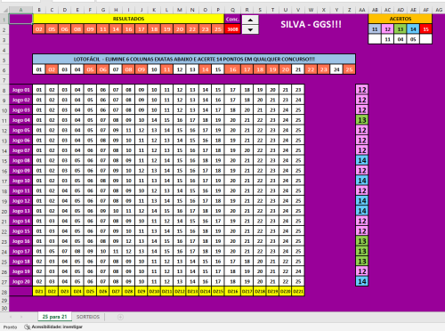 More information about "Lotofácil - Matriz 25-21-14-15(20) Erre 6 Colunas Exatas e Acerte 14 e ou 15 Pontos - Até 3608. Versão"