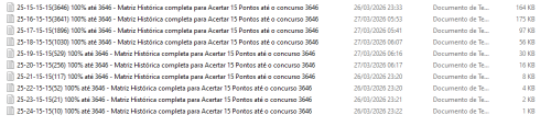 More information about "Matrizes Históricas ACERTAR 15 Pontos em Linhas de 15,16,17,18,19,20,21,22,23,24 dzs e Matrizes Históricas para ERRAR  2,3,4,5,6,7,8,9,10 dzs do concurso 0001 até 3646."