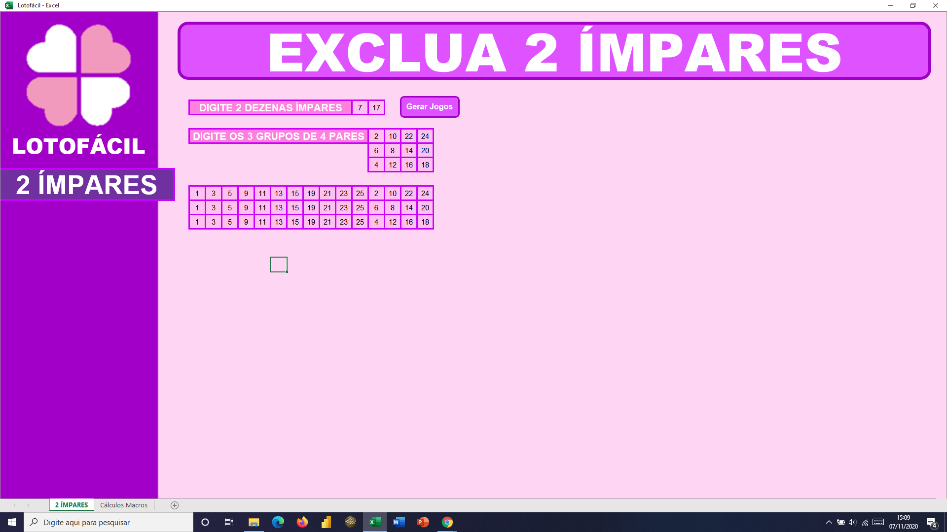 LOTOFÁCIL DESDOBRAMENTO DE 20 DEZENAS EM 10 JOGOS DE 15 DEZENAS 8 IMPARES E  7 PARES 